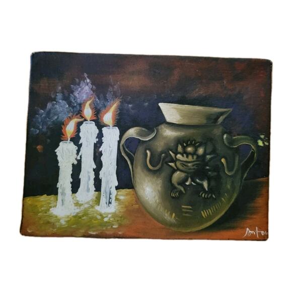 Still Life Burning Candles Spooky painting on canvas Haloween Signed By Artist - Picture 1 of 7